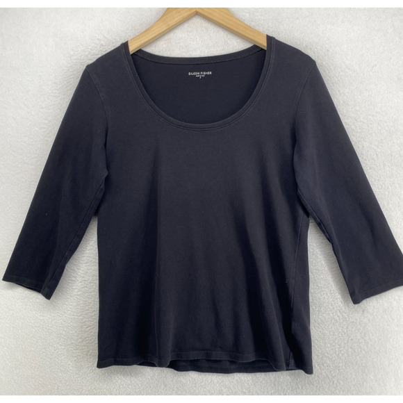 Eileen Fisher Tops - EILEEN FISHER Top S Stretch Organic Cotton Jersey Scoop Neck 3/4 Sleeve Black